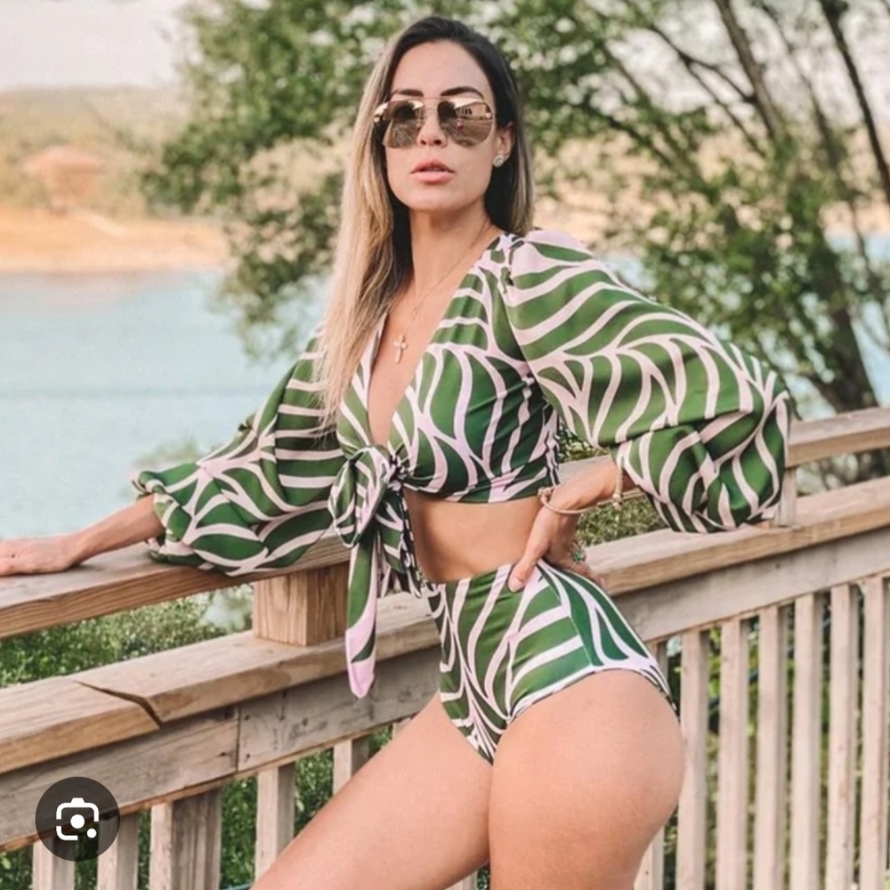 Green and White Leaf Print Bikini Set